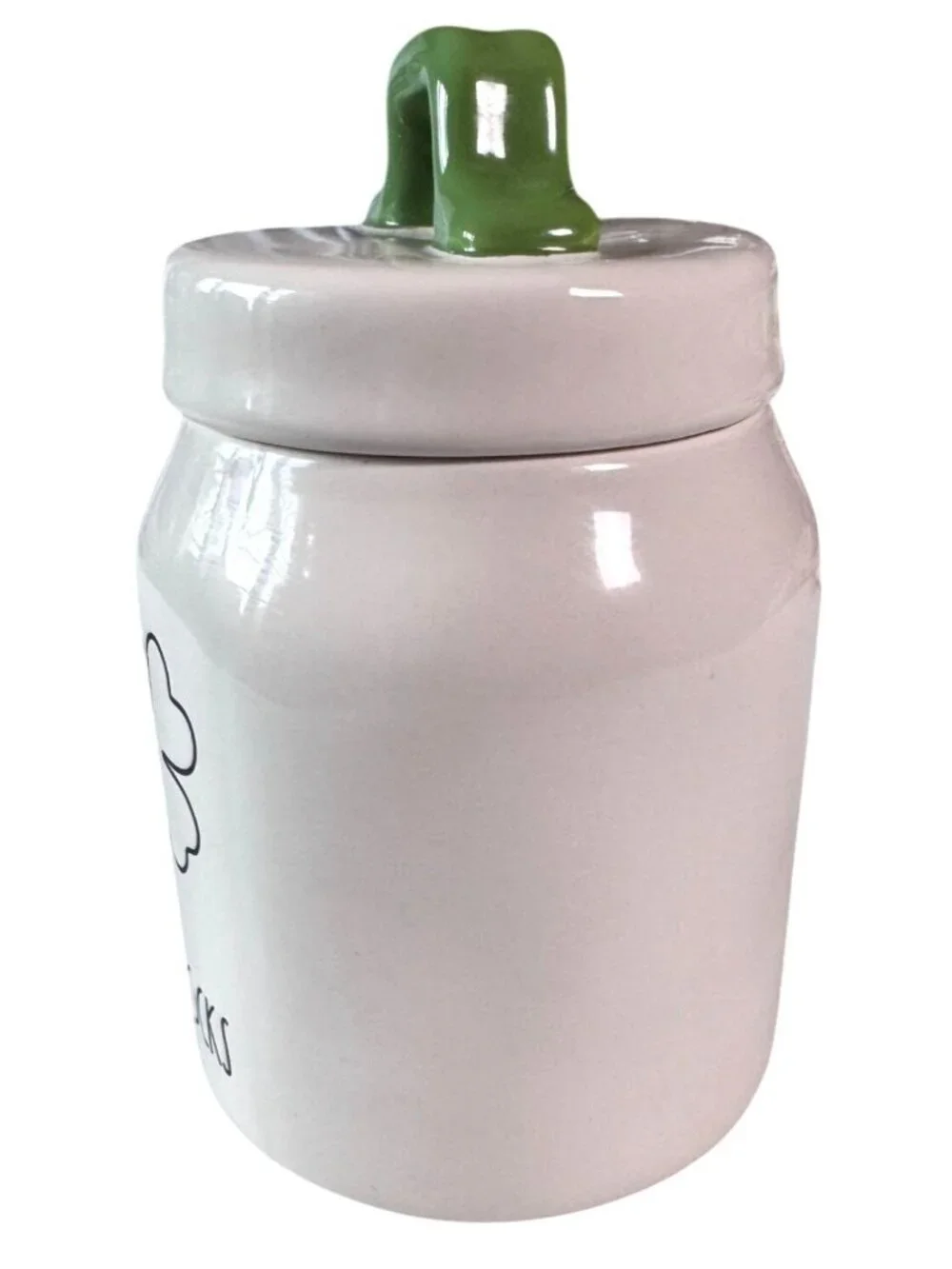 Rae Dunn Shamrocks Ceramic Jar With Lid Green Top White Body Artisan Collection